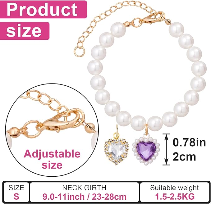 2pcs Cat Pearl Collar with Heart Pendant, Cute Pearl Pet Necklace in Small - Image 2