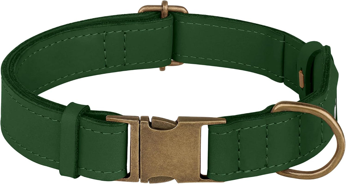 Dog Collar with AirTag Holder - Genuine Leather Dog Collar with Metal Buckle and Compatible with Air Tag - Smart GPS Tracking Pet Collars (Dark Green, S, 12"-15" Neck Fit)