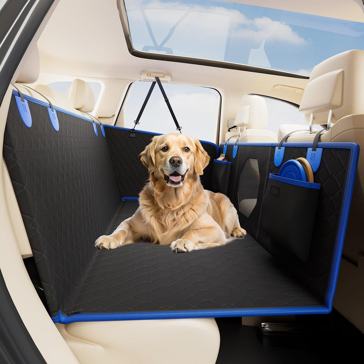 JOYTUTUS Dog Car Seat Cover for Back Seat with Hard Bottom, Back Seat Extender for Dogs Supports 400lb, Pet Cover with Mesh Window, Travel Bed Waterproof Dog Hammock for Car Truck SUV