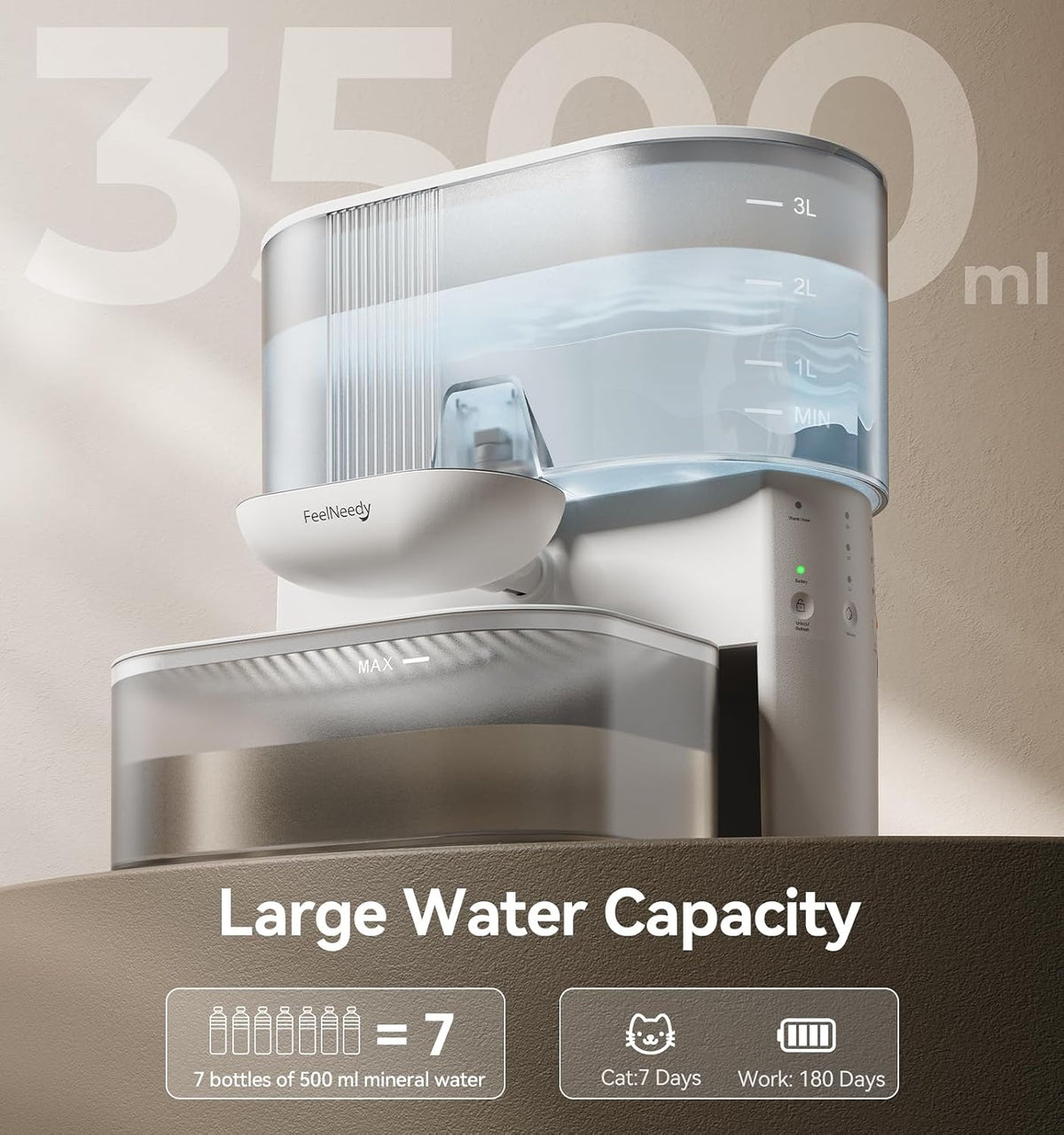 Wireless Cat Water Fountain No Filters, Wastewater Separation, FEELNEEDY Stainless Steel Bowl, 3.5L Pet Water Fountain for Cats & Dogs Dispenser, White