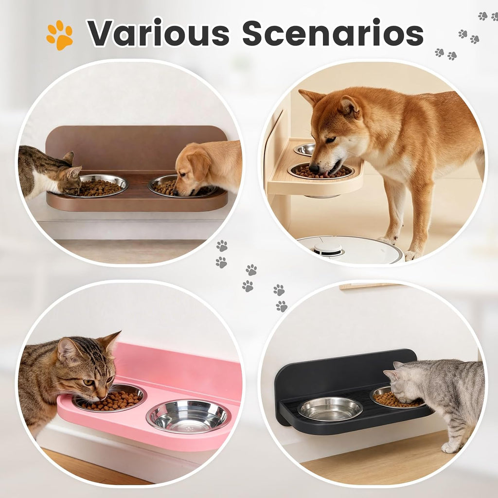 Raised Wall Mount Cat Dog Bowls, Adjustable Height Double Stainless Steel Food Water Bowls, Anti-Spill Elevated Pet Feeding Set, Pet Feeder for Kittens, Puppies, Black