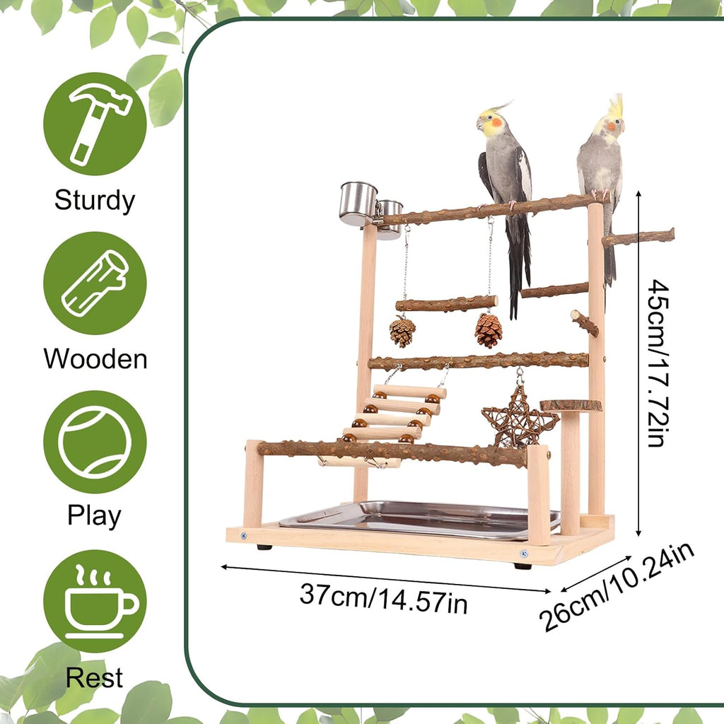 Bird Playground Parrot Perch Play Stand, Natural Wood Parakeet Playstand Cockatiel Toys, Budgie Play Gym & Cage Accessories - Removable Stainless Steel Tray, 2 Feeder Cups, Ladders & Swings