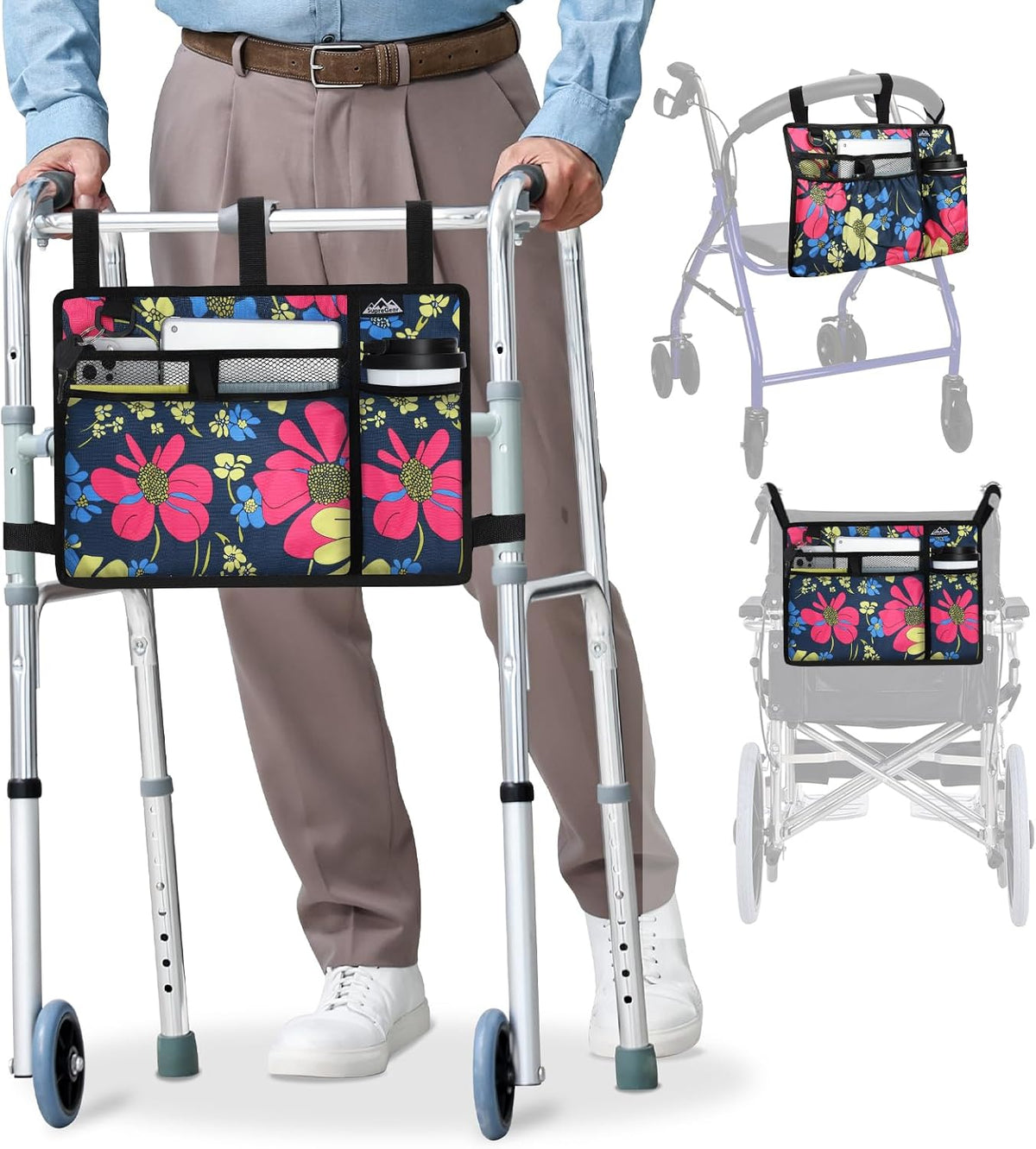 SupreGear Walker Bag with Cup Holder, Water-Resistant Storage Organizer with Multiple Pockets and Adjustable Straps, Foldable Walker Accessories for Seniors