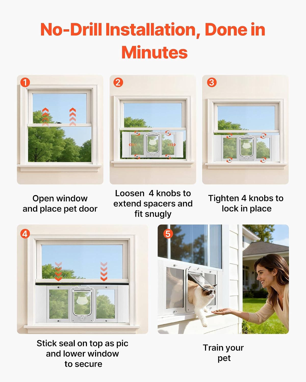 VEVOR Cat Door for Window, Adjustable to Fit Window Width 31"-36", 4 Secure Lock Modes, Aluminum Frame and High-Transparency Glass, Magnetic Closure, Weatherproof Quick-Fit Pet Door for Cats, White