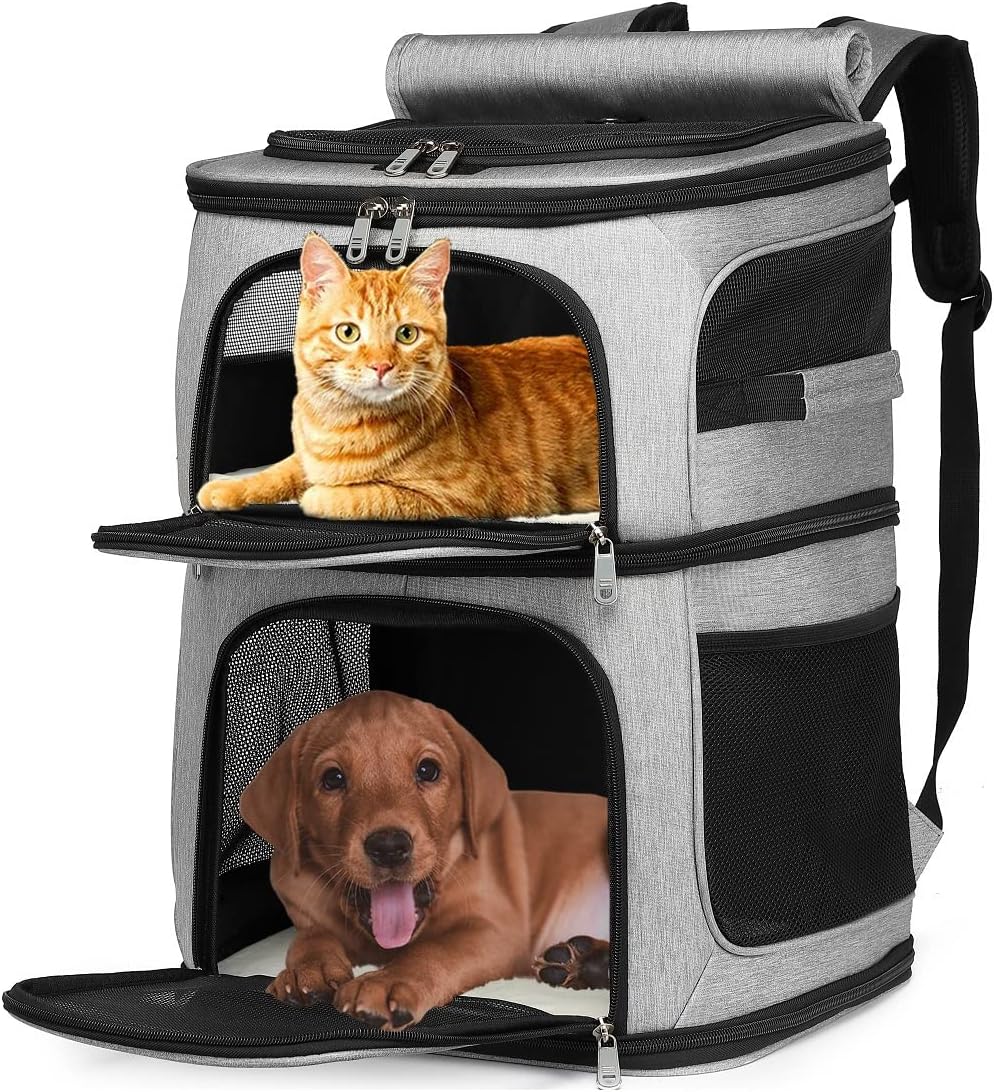 Double Cat Carrier, Cat Backpack Carrier for 2 Cats, Multi Dog Backpack, Two Cat Carrier with 7 Ventilation Windows, Built-in Frame and Support Plate, Safety Straps, Collapsible, Perfect for Travel