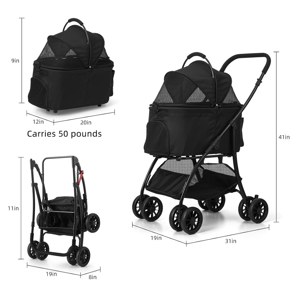 Dog and Cat Stroller with Detachable Carrier, 4-Wheel, Car Seat (Grey)