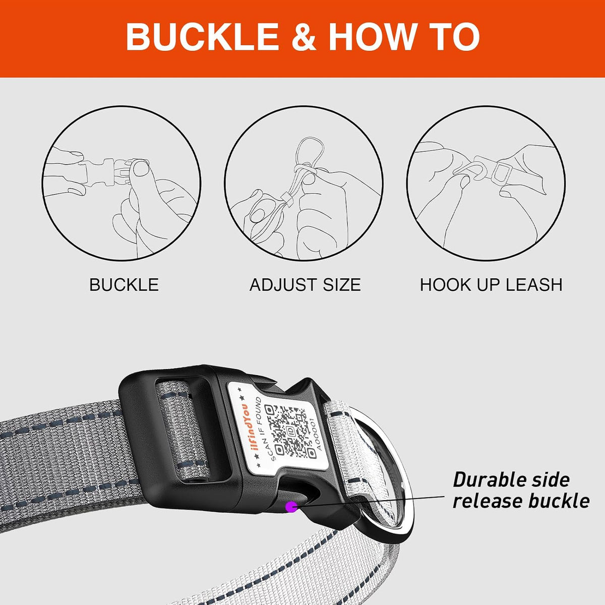 Personalized Dog Collar with QR Code Dog Tag, Black&Gray M