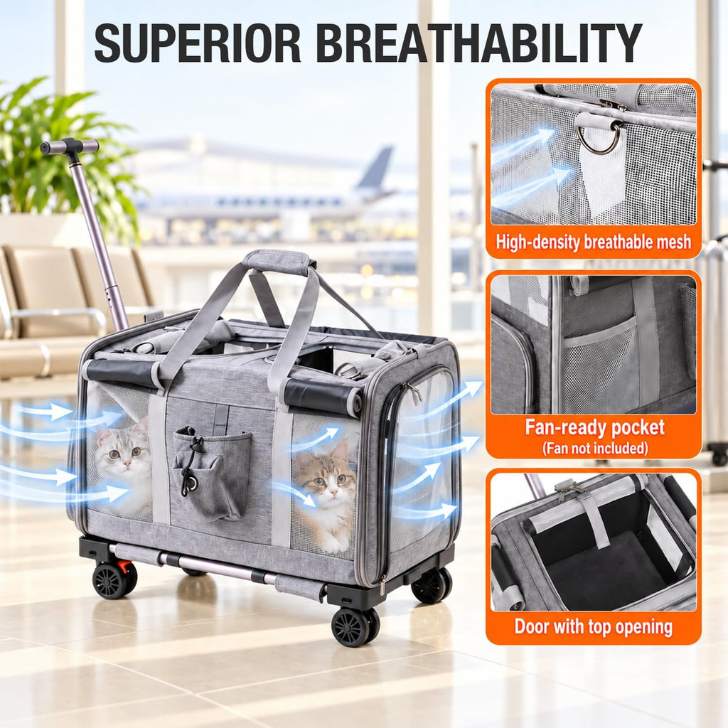 Large Cat Carrier for 2 Cats with Wheels, Double Rolling Pet Carrier