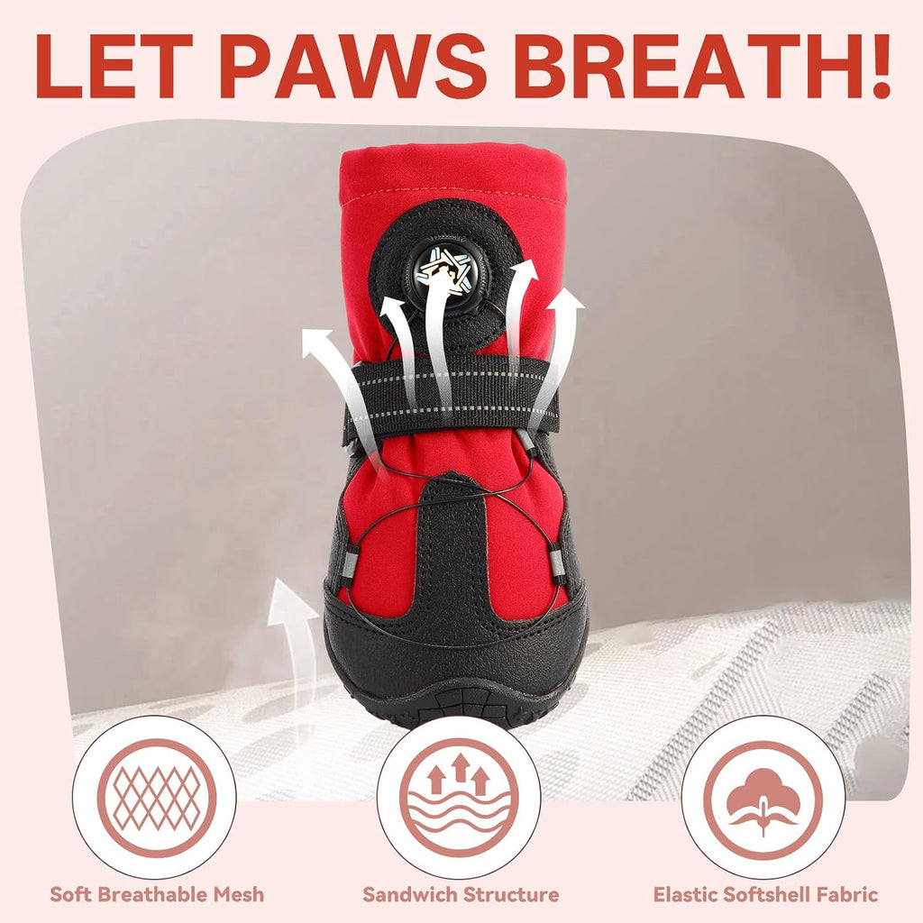 Dog Booties with Micro-Adjustable Dial, Waterproof Dog Shoes for Large Medium Small Dogs, Rugged Non-Slip Rubber Paw Protectors for Hot Pavement and Snow, Hiking 4PCS (Red, Size 8)