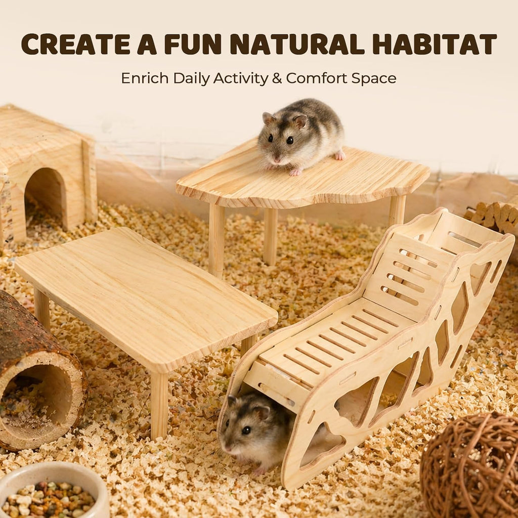 3 Pack Wooden Hamster Play Platform, 3-in-1 Natural Small Pet Playground