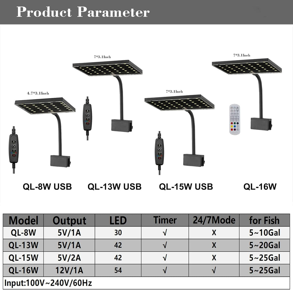 Carefree Fish Aquarium LED Light USB 5V1A RGBW 5730 Timmer 1~10Gal Fish Tank Clip Light 10 Brightness Levels 8W with USB Port (Include UL Certification Power Adapter)
