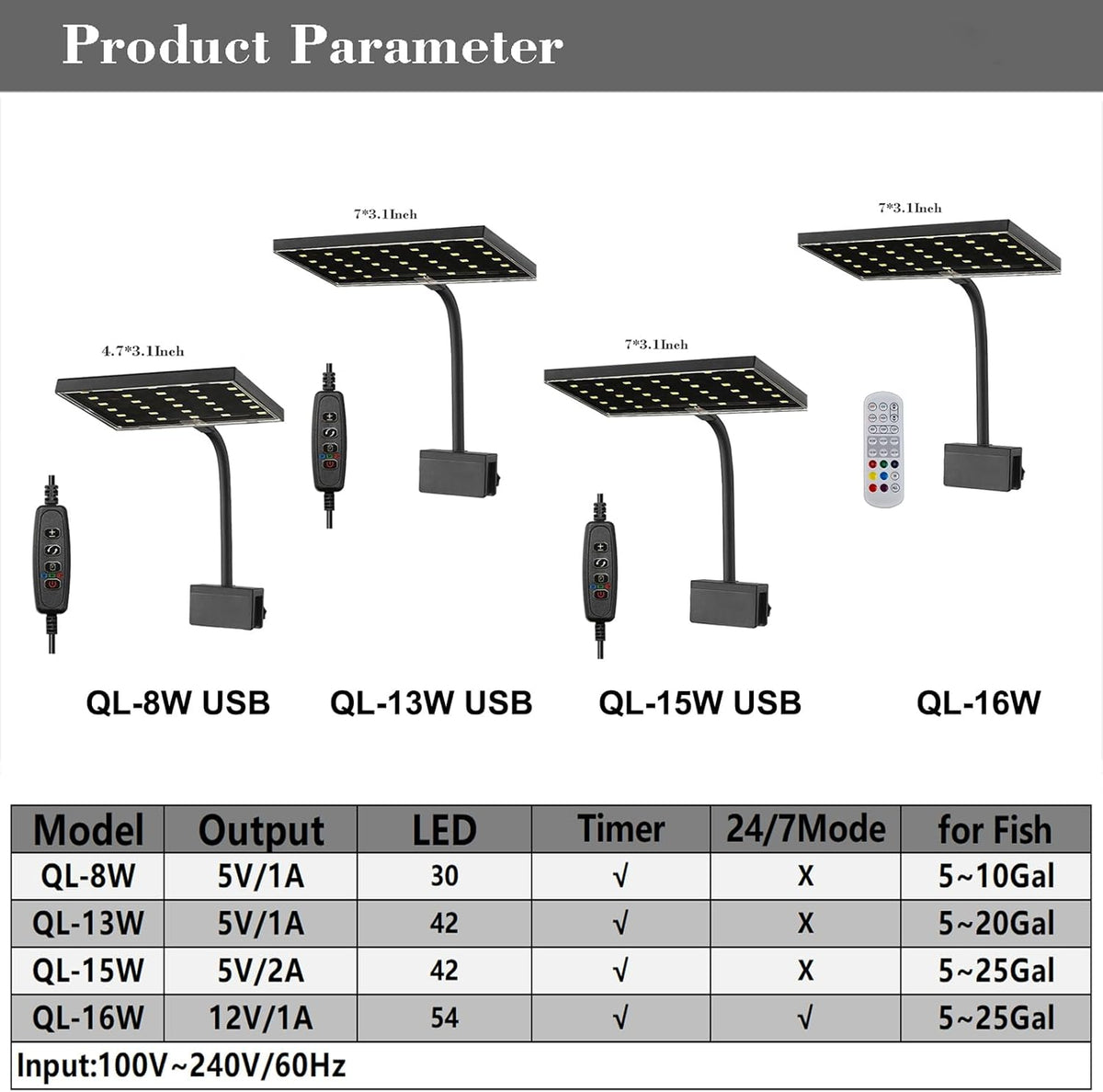 Carefree Fish Aquarium LED Light USB 5V1A RGBW 5730 Timmer 1~10Gal Fish Tank Clip Light 10 Brightness Levels 8W with USB Port (Include UL Certification Power Adapter)