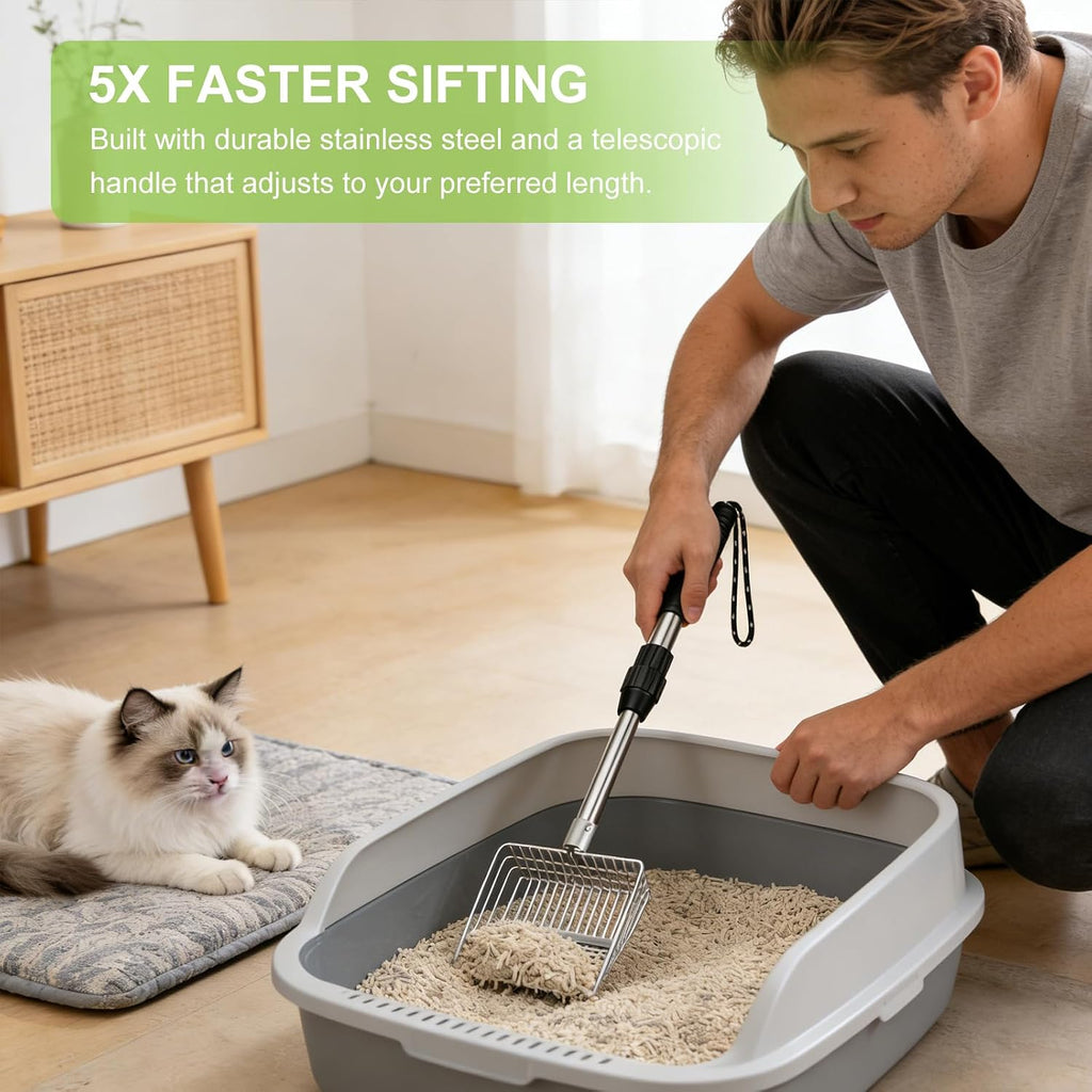 XBX Long Handle Cat Litter Scoop with Holder, Extendable Stainless Steel Cat Scooper, Adjustable Heavy Duty Deep Shovel Litter Sifter for Litter Box and Daily Use