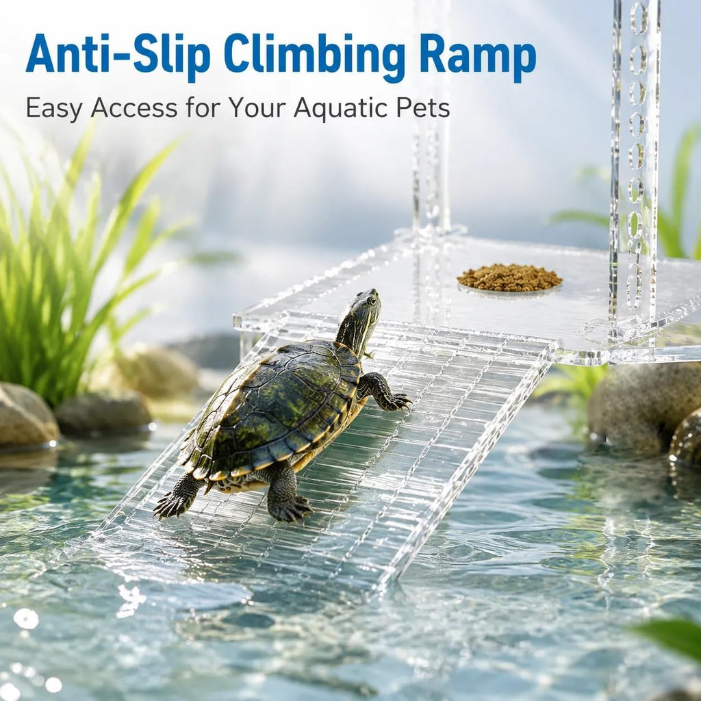 Hanging Turtle Basking Platform, Multifunctional Acrylic Turtle Dock with Ramp & Feeding Area, Adjustable Reptile Aquarium Tank Terrace for Basking Resting Climbing, Clear Habitat Decor for Aquarium