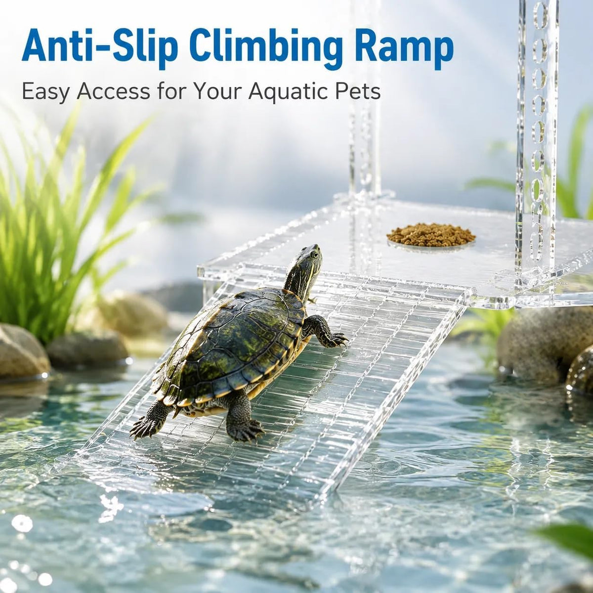 Hanging Turtle Basking Platform, Multifunctional Acrylic Turtle Dock with Ramp & Feeding Area, Adjustable Reptile Aquarium Tank Terrace for Basking Resting Climbing, Clear Habitat Decor for Aquarium