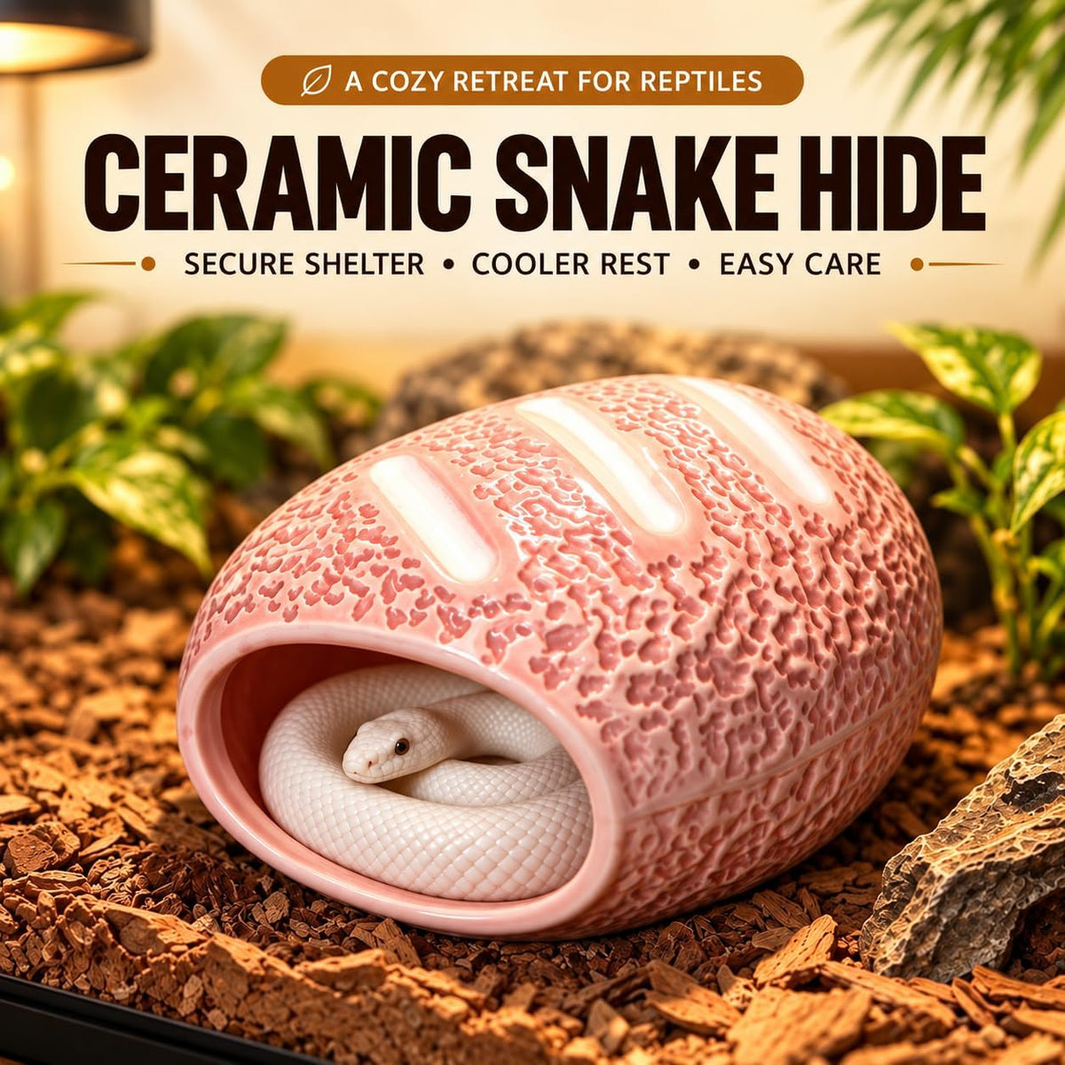 Ceramic Reptile Hide Cave,Cute Reptile Terrarium Decor-Pink