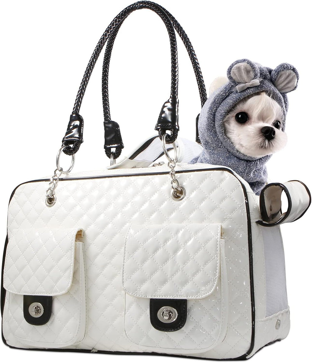 Soft-Sided Pet Travel Carrier Airline Approved for Pet Small Dog and Cat Collapsible, White Shiny Patent Leather