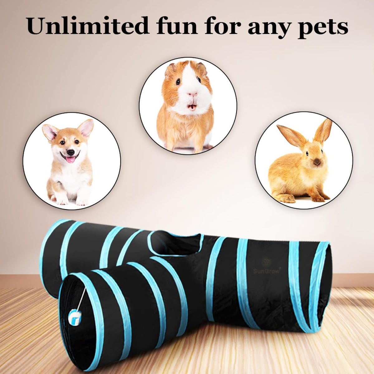 SunGrow 3-Way Ferret & Rabbit Tunnel, Bunny Hideout Activity Tube with Peep Hole and Crinkle Ball, Accessories for Hiding, Resting for Dwarf Rabbits Bunny Kitty Guinea Pig, Turquoise and Black