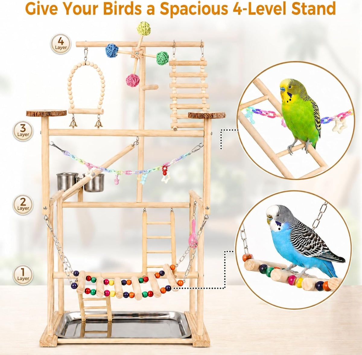 Bird Playground, 4-Layer Parrot Playground for Small to Medium Birds