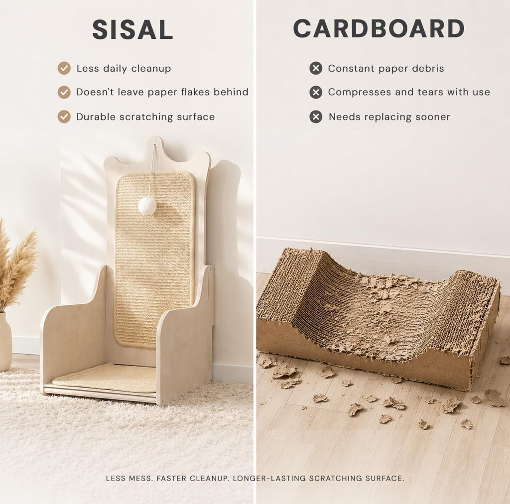 L-Shaped Vertical Sisal Cat Scratcher, Wooden Throne-Inspired Design