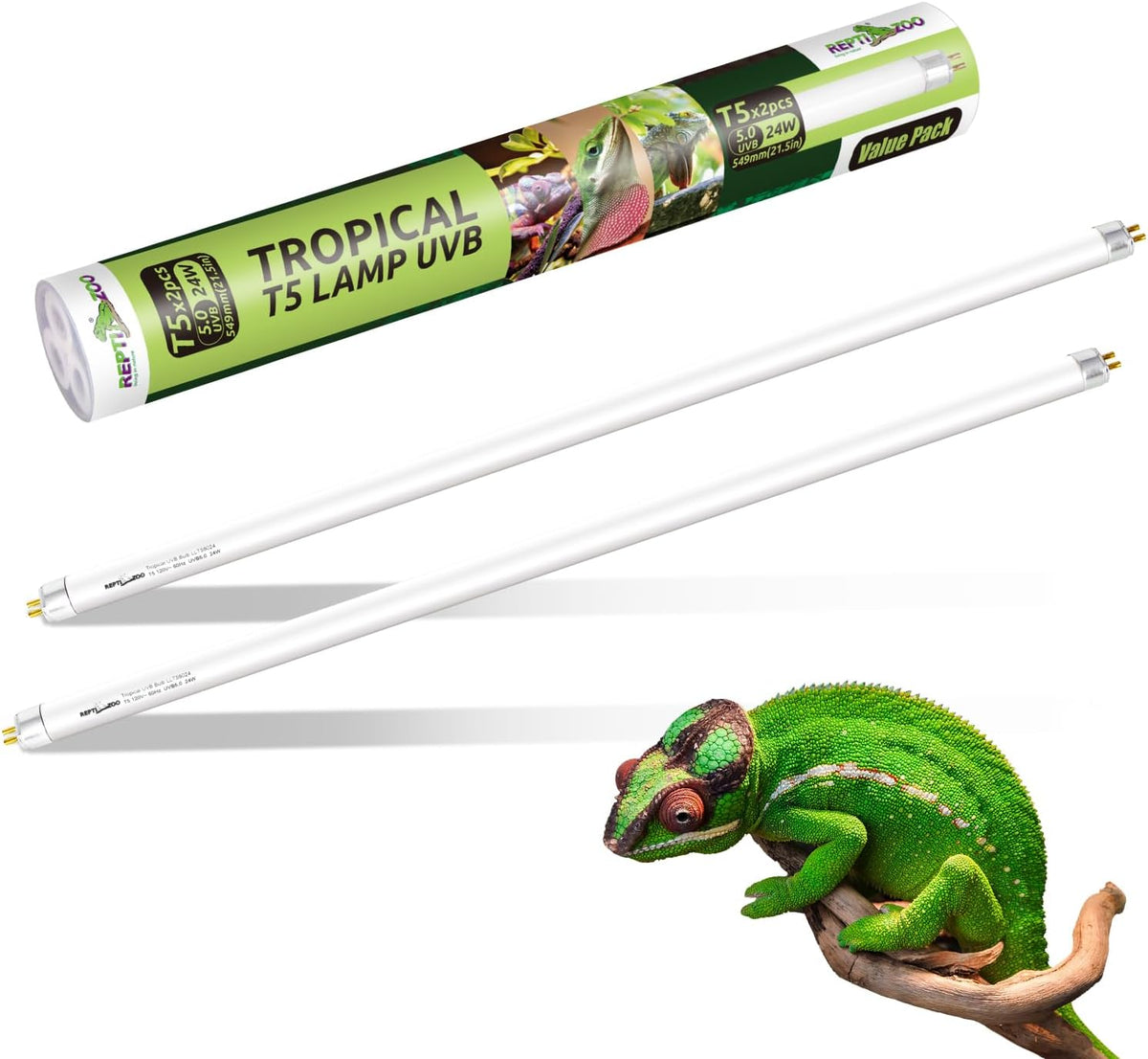 REPTI ZOO 2 Pack 34" T5 5.0 UVB Reptile Light Bulb 39W, UVA UVB Fluorescent Lamp Tube for Turtles, Chameleon, Tortoises, Lizard