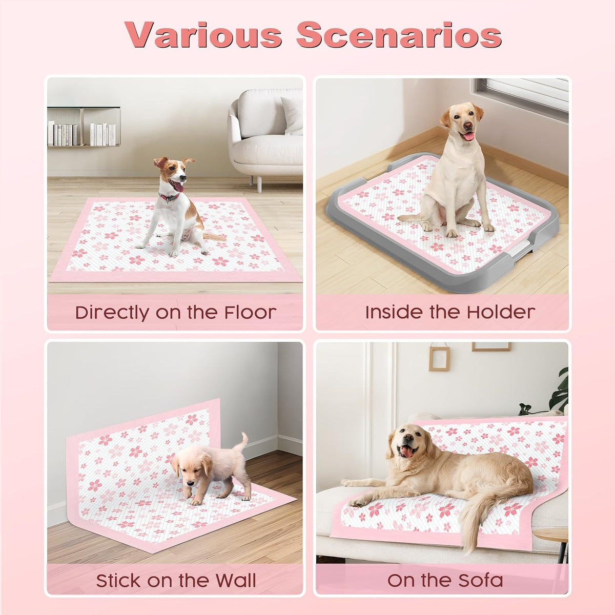 MIZOK Pink Puppy Pads with Adhesive Tabs Disposable No Leak XL 28x34in 40Ct
