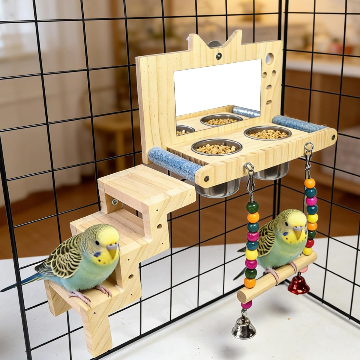 Bird Perch Platform Swing with Mirror Ladder Bowl,Parrot Play Gym Cage Toys