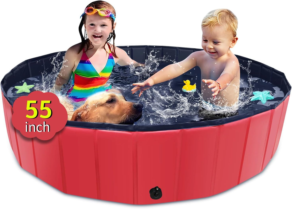 CACSPS Foldable Dog Pool, 47" x 12" Kiddie Pool with Hard Plastic, Non-Slip Dog Bath Tub for Outdoor Backyard, Collapsible Dog Swimming Pool for Kids Dogs Pets (Red)