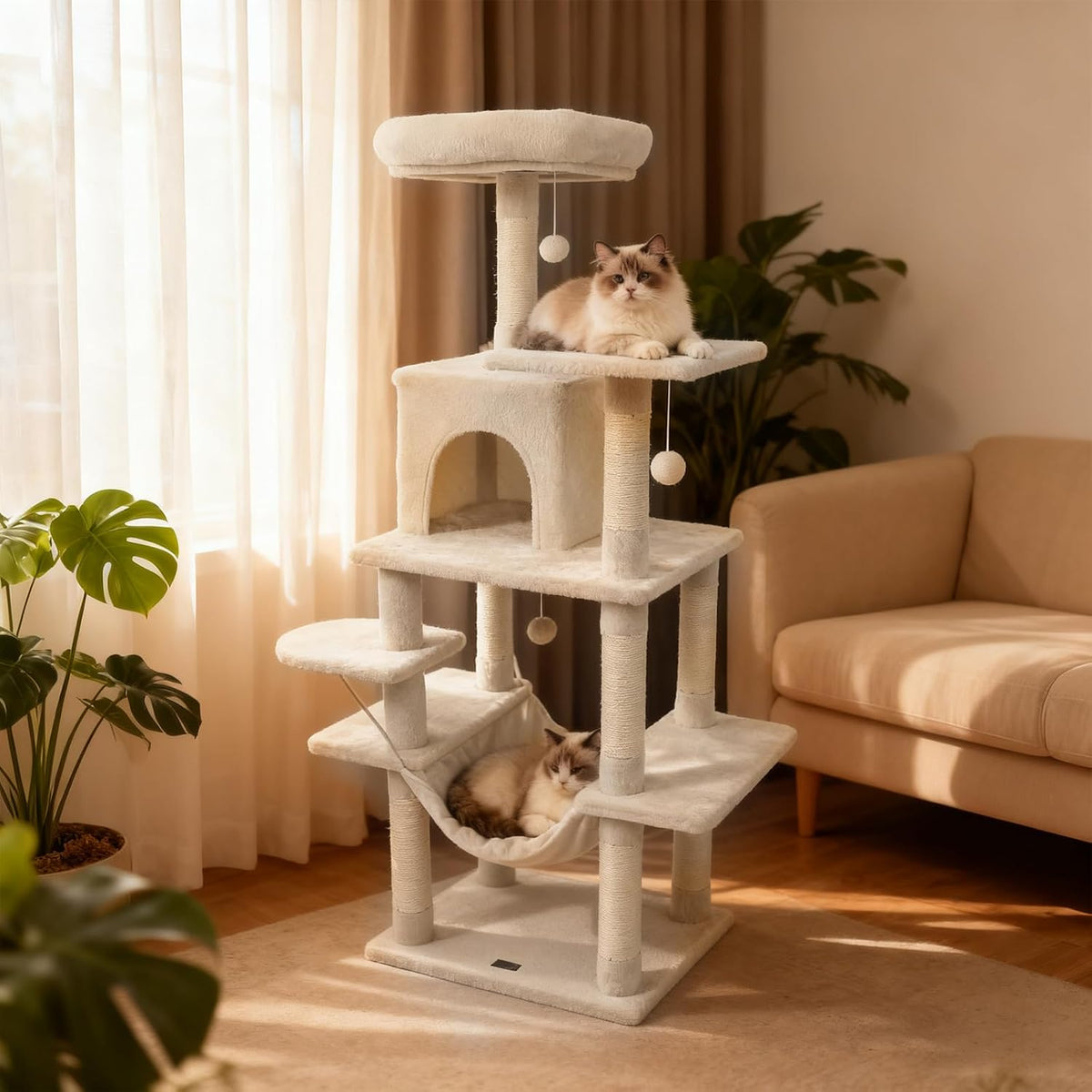 DORTALA Cat Tree for Indoor Cats, 58" Tall Cat Tower with Top Perch, Condo, Hammock, Sisal Scratching Posts, 3 Dangling Balls, Platforms, Multi-Level Pet Climbing Furniture Playground (Pink)