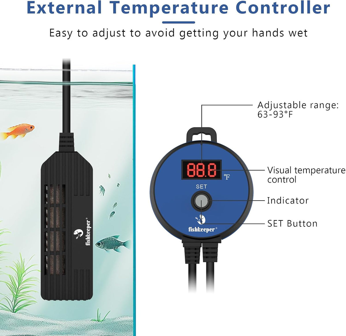 fishkeeper Mini Aquarium Heater: 50W 63-93°F Precise Control for 5-14 Gal