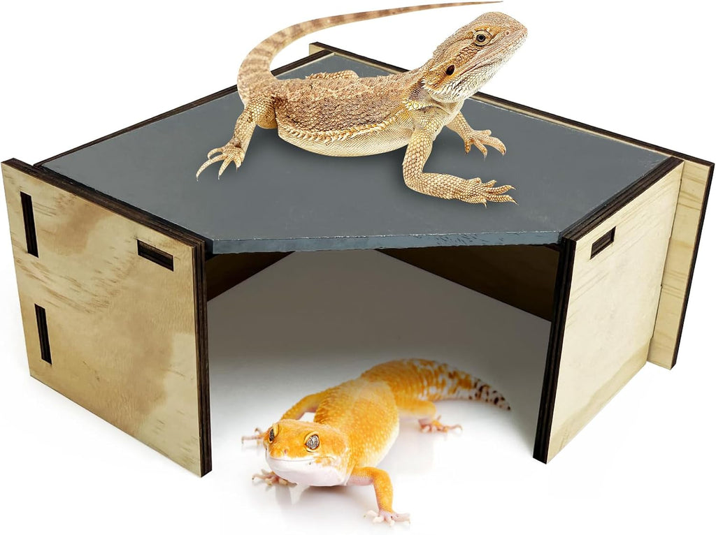 Tfwadmx Bearded Dragon Basking Platform with Hideout Wooden Lizard Hideout Reptile Slate Rocks Basking Platform with Hiding Cave Tank Accessories for Lizards Snakes Tortoise