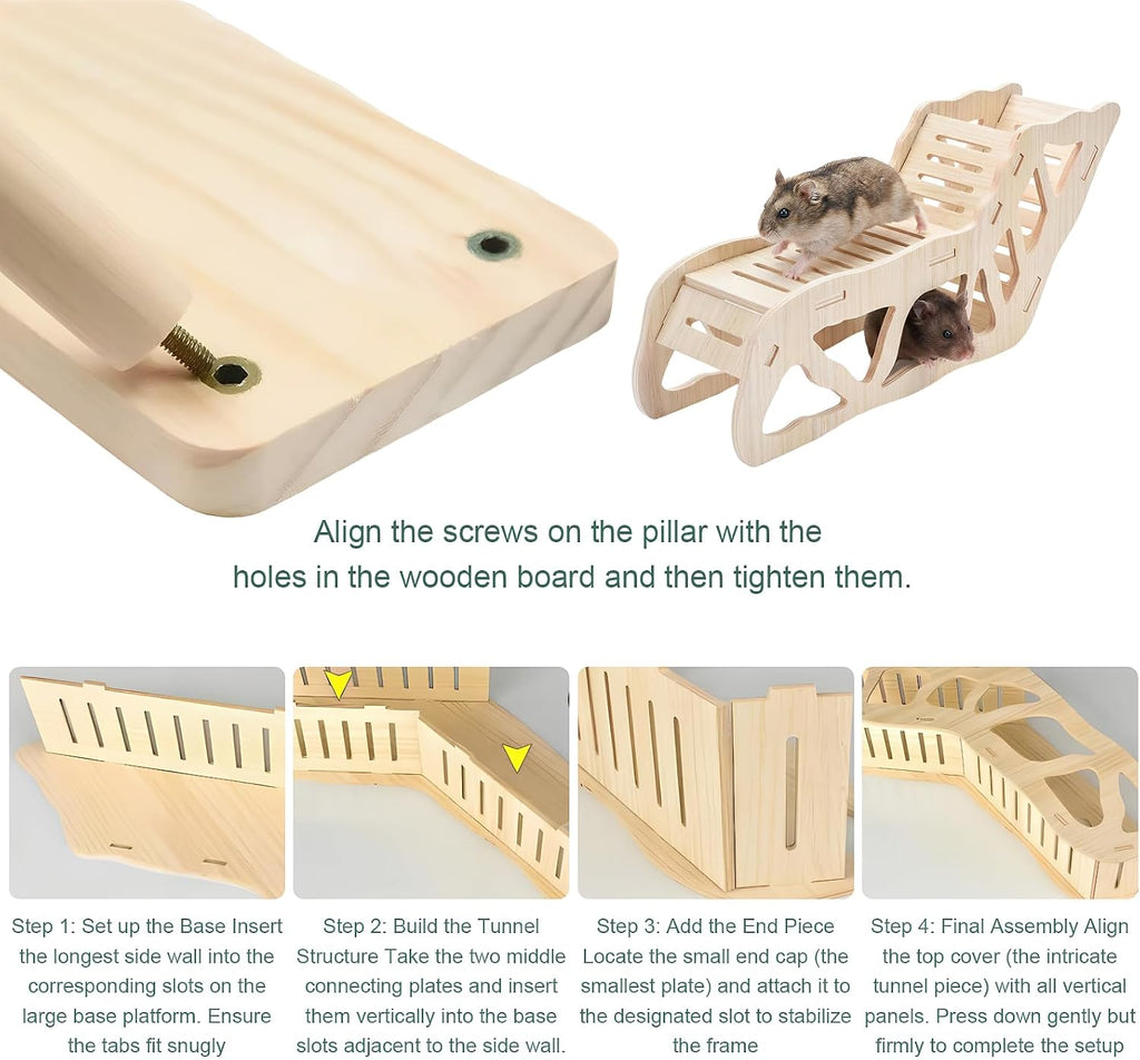 4-Piece Wooden Hamster Platform Set, Versatile Hideout & Exploration Tunnel with Ladder, Cage Decor for Syrian Dwarf Hamsters, Gerbils, Mice (4, Set 2)