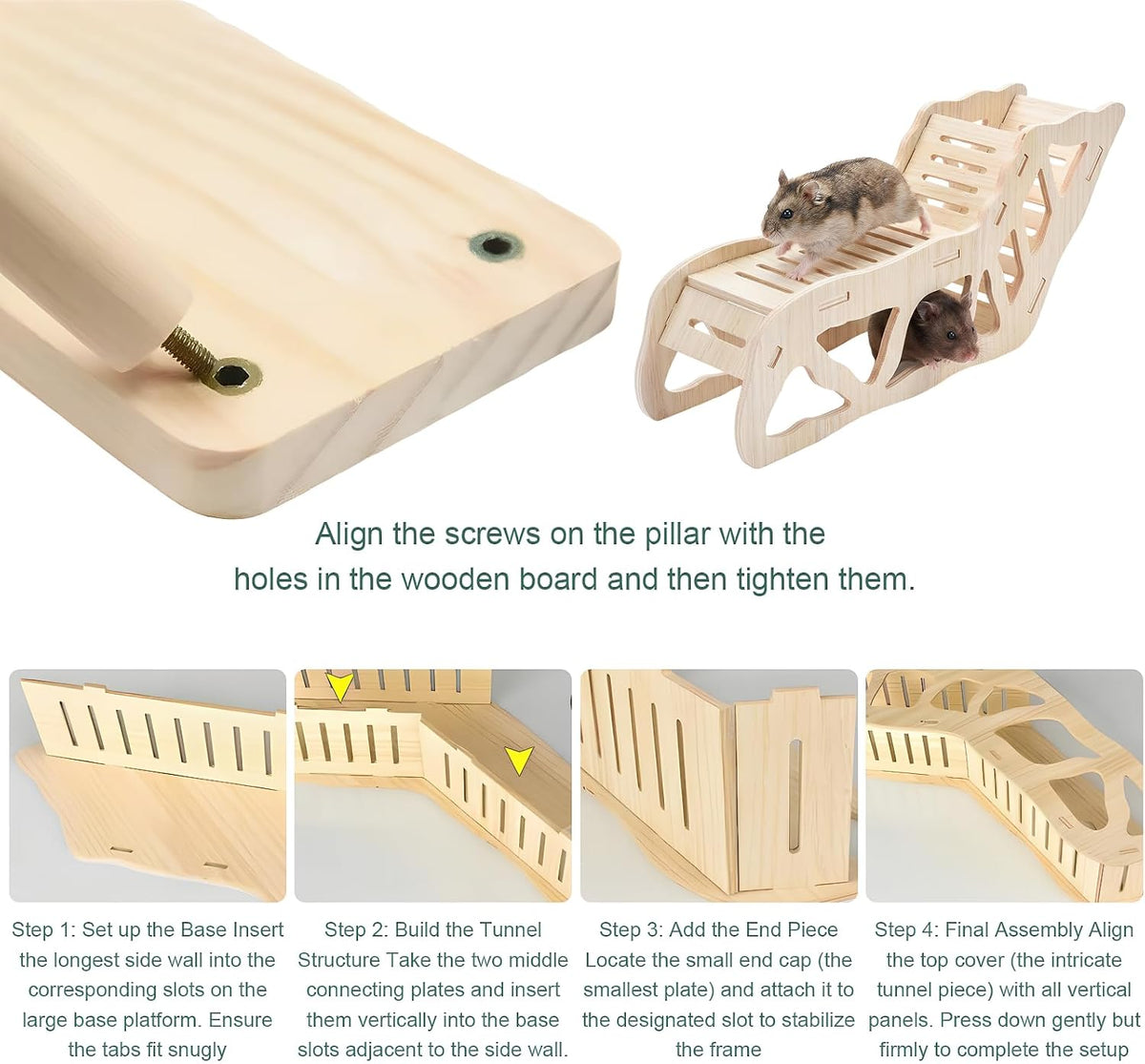4-Piece Wooden Hamster Platform Set, Versatile Hideout & Exploration Tunnel with Ladder, Cage Decor for Syrian Dwarf Hamsters, Gerbils, Mice (4, Set 2)
