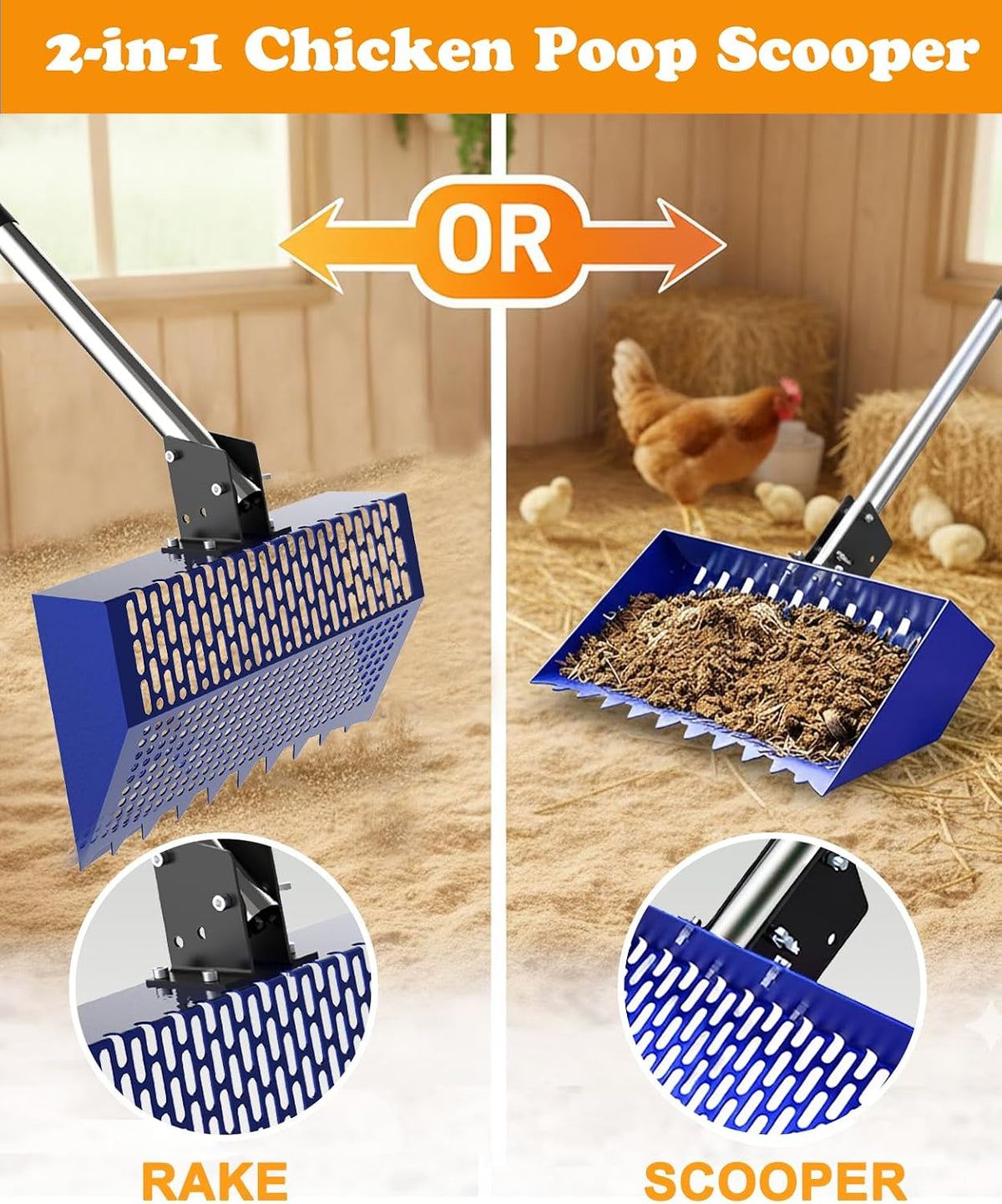 INNOLAND Chicken Poop Scooper & Rake with 3-Angle Adjustable Sifting Shovel