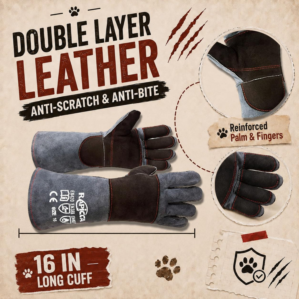 RAPICCA Animal Handling Gloves, Bite Proof Double Leather, 16 in Grey-Black