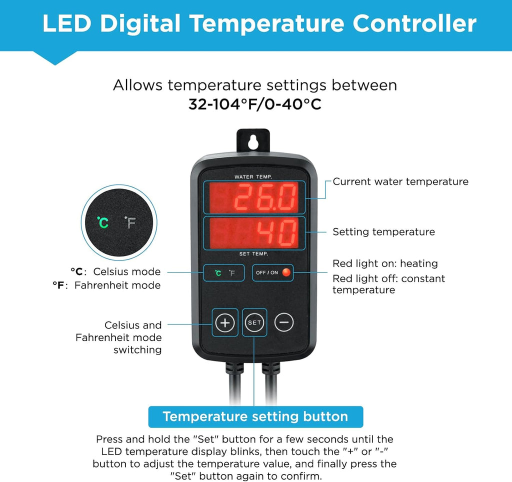 Titanium Aquarium Heater 200W, Submersible Fish Tank Heater with Digital Display Temperature Controller, 0℃-40℃ Adjustable, Fast Heating for 20~40 Gal Saltwater Freshwater, MX-9016(200W)