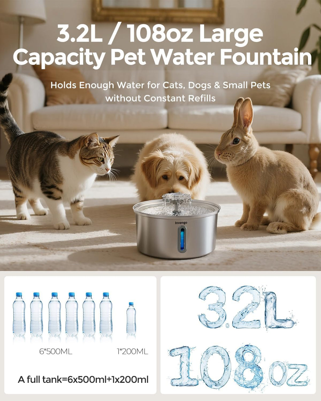 Invengo Cat Water Fountain Stainless Steel 3.2L/108oz, Pet Fountain