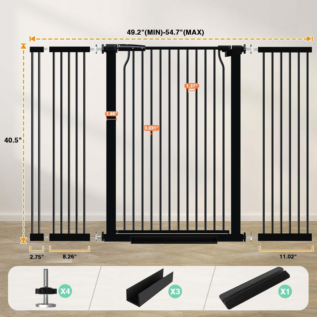 40.5" Extra Tall Baby Gate for Doorways, 49.2"-54.7" Extra Wide Pet Gate Pressure Mounted, 1.37" Narrow Space Puppy Dog Barrier Indoor, No Drill Safety Child Gate, No Climb Fence Black