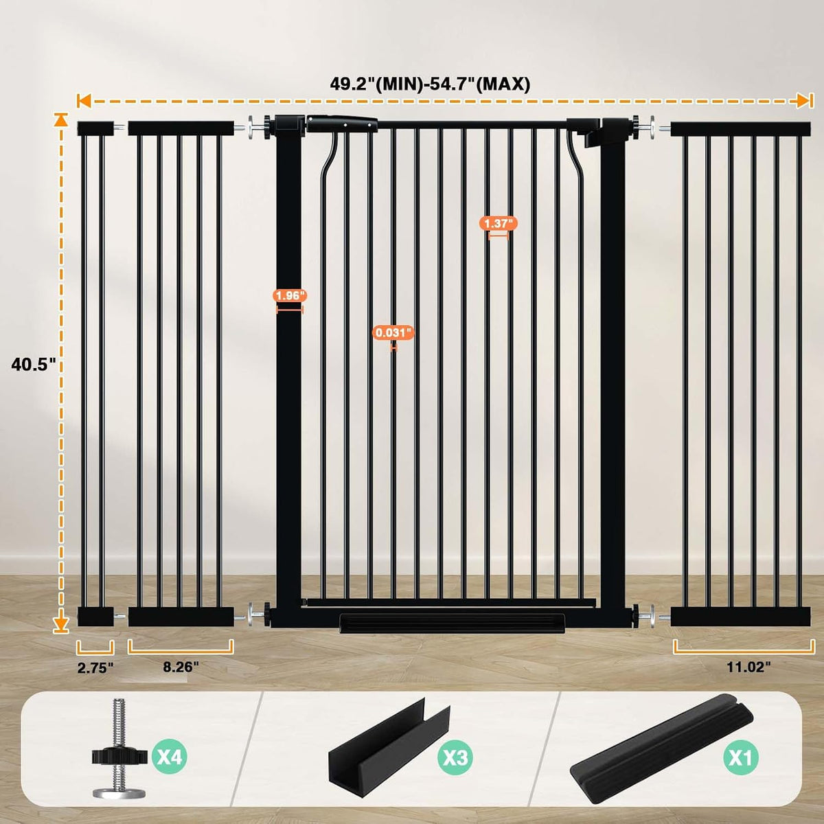 40.5" Extra Tall Baby Gate for Doorways, 49.2"-54.7" Extra Wide Pet Gate Pressure Mounted, 1.37" Narrow Space Puppy Dog Barrier Indoor, No Drill Safety Child Gate, No Climb Fence Black