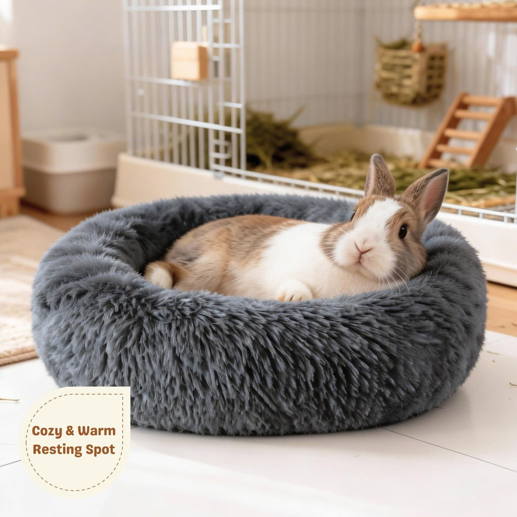 Rabbit Bed, Long Plush Donut Shaped Washable Bunny Hideout Soft Pet Bedding Mat for Guinea Pig, Kitten, Chihuahua & Small Pets for Snuggling Resting - Gray