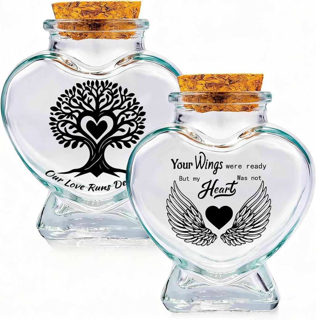 2Pcs 2 Styles Pet Memorial Bottle 2.95 x 2.48 Inch Pet Hair Keepsake Jar with Cork Stopper Paw Print Heart Pattern Glass Heart Shaped Container Memorial Urns for Storing Dog Cat Ashes Hair