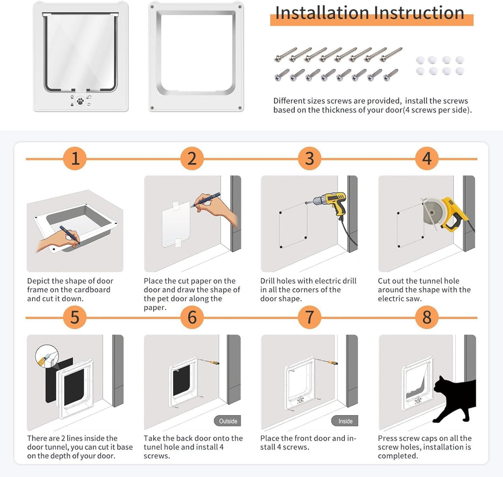 Cat Door Interior Door, Magnetic Self-Closing Pet Doors for Wooden/Metal Door, Inside 7.3 x 7.1 Inches, Self Installation, White