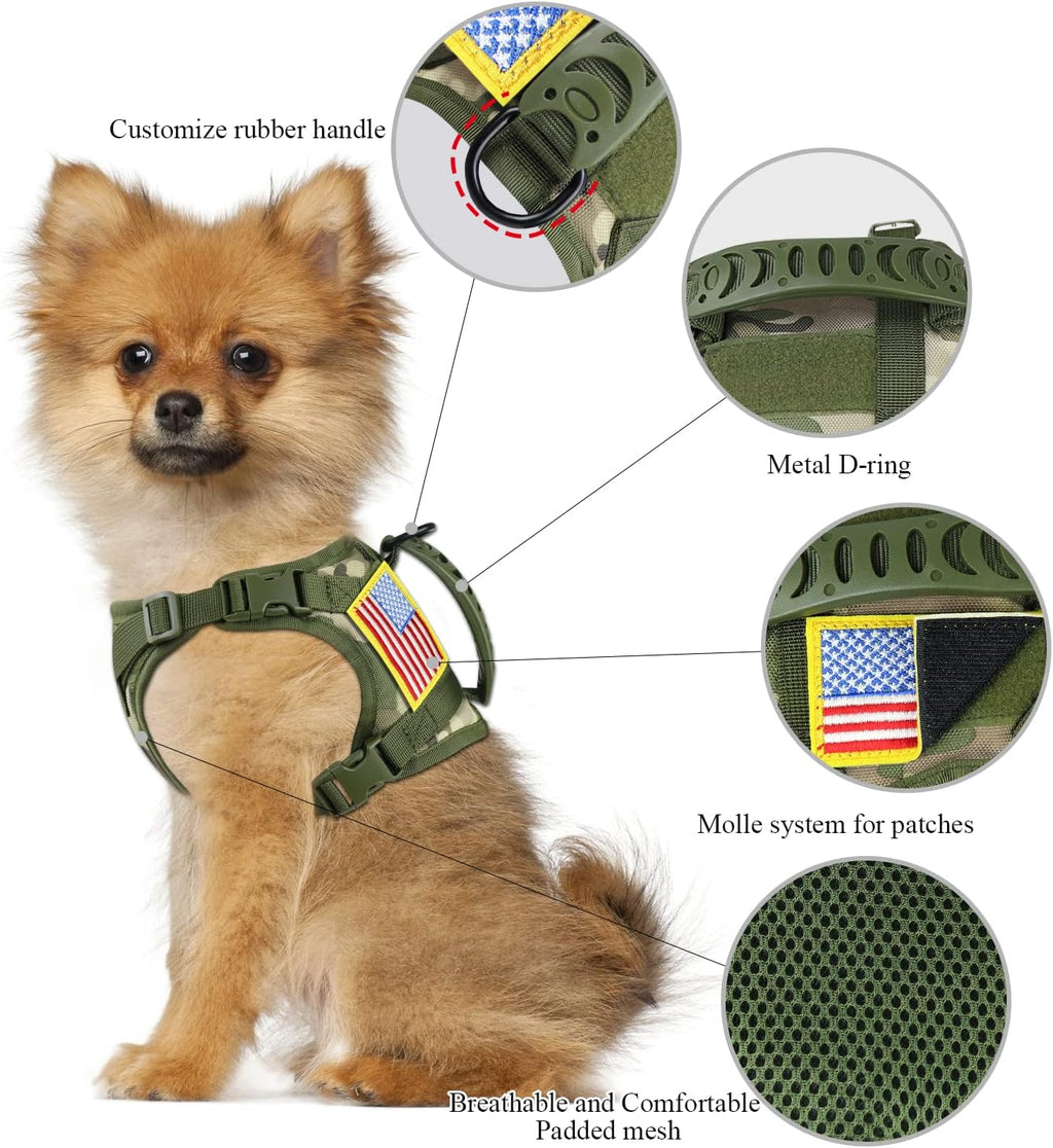 Tactical Service Dog Harness for Small Dogs, Adjustable Military K9 Working Vest with Vertical Handle, Water-Resistant MOLLE Training Gear, Camo, XS