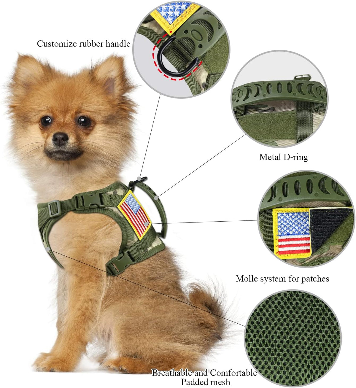Tactical Service Dog Harness for Small Dogs, Adjustable Military K9 Working Vest with Vertical Handle, Water-Resistant MOLLE Training Gear, Camo, XS