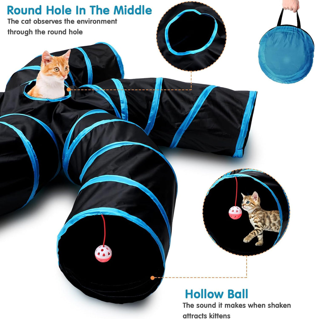 Poen 21 Pcs Cat Tunnels 5 Way Collapsible with 20 Toys Set, Blue Black