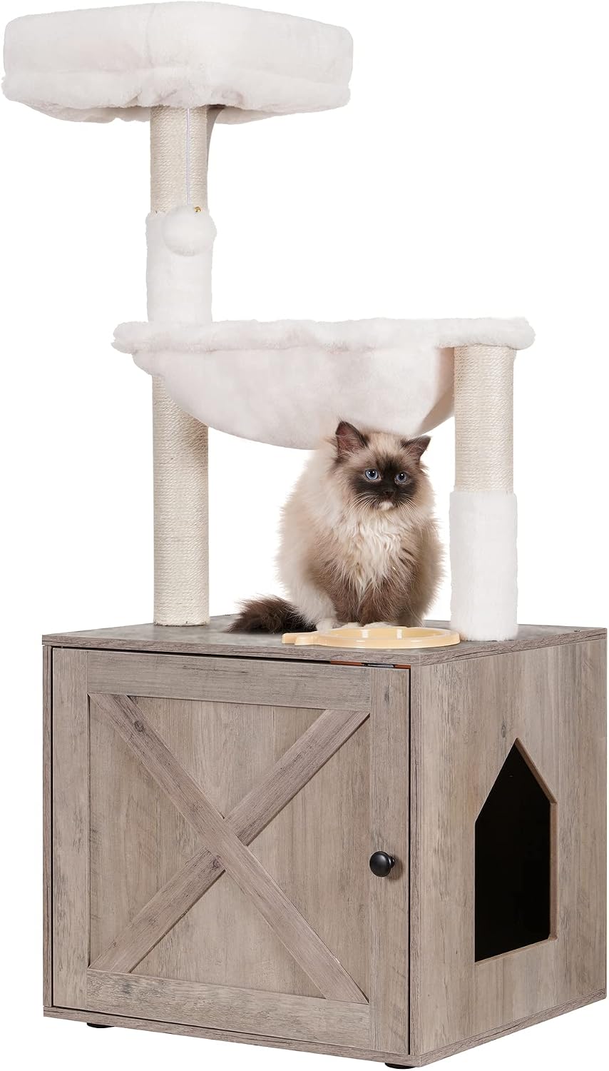 Hey-brother Cat Tree Tower, Litter Box Enclosure, Food Station, MPJ100SG