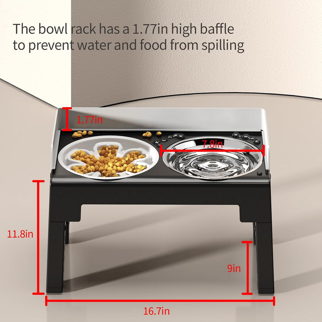 PAKEWAY Elevated Dog Bowls for Medium and Large Dogs, Spill-Proof Tiltable Dog Feeder with Slow Feeder Bowl and Stainless Steel Water Bowl, 6-Height Adjustable Raised Dog Bowl Stand