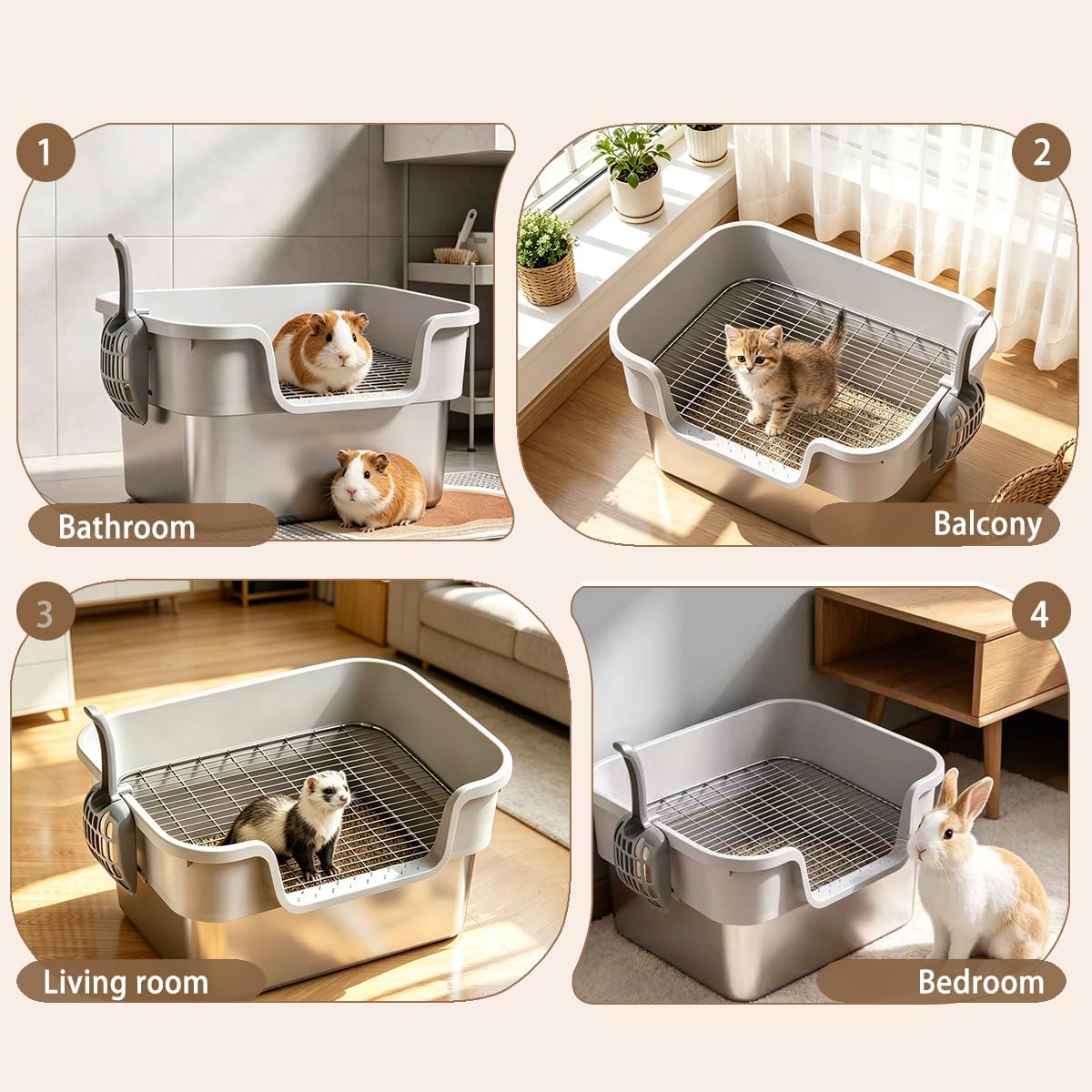 Stainless Steel Rabbit Litter Box with Grid High Side, 17"x13.4"x7.8" Easy Clean Metal Litterbox Pan with Sifting Tray for Small Medium Animals Pets Guinea Pig Kitten Ferret, Gray
