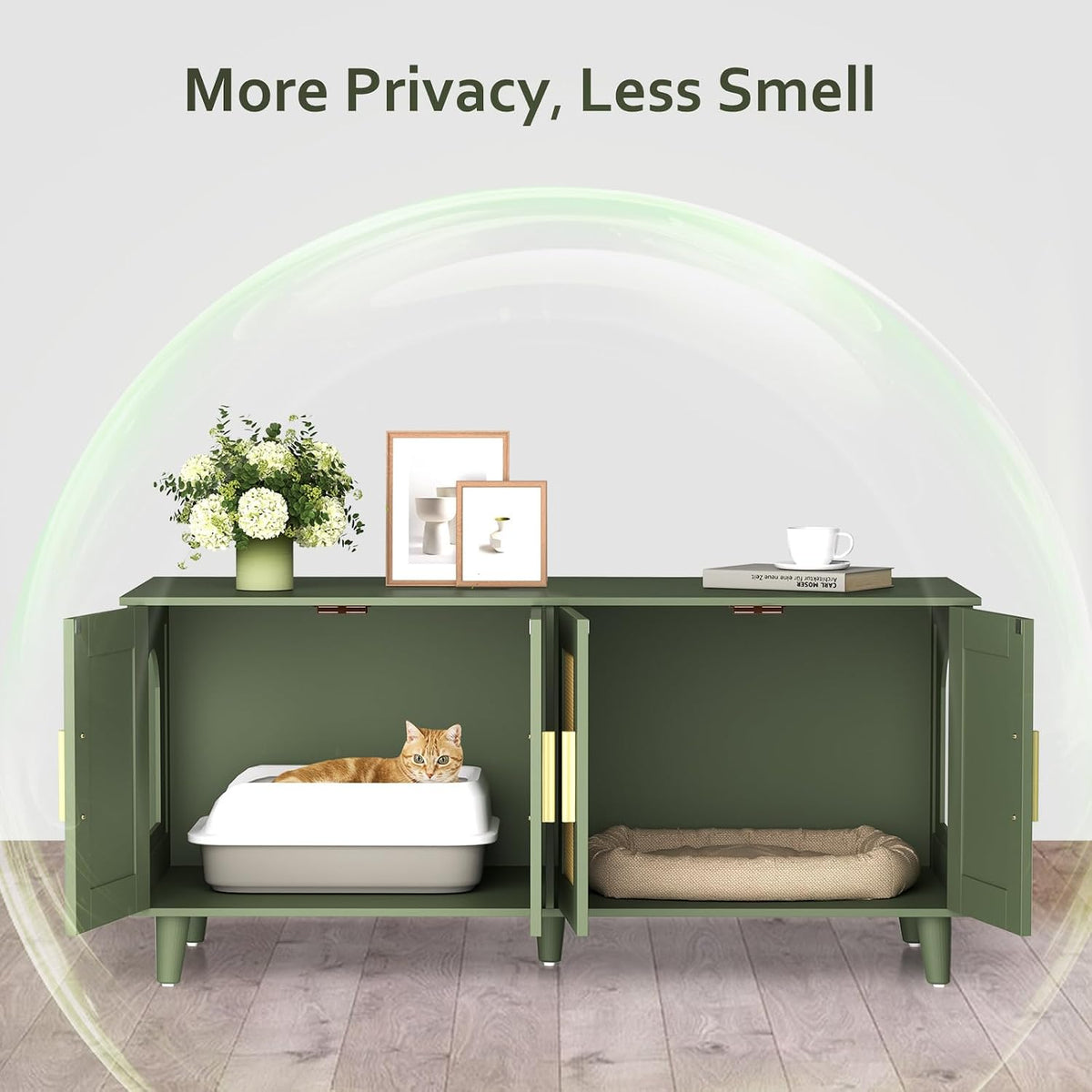 Boho Cat Litter Box Enclosure for 2 Cats, Green and Natural