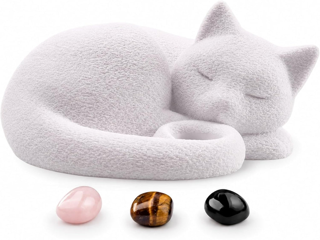 White Cat Urn for Ashes with Crystal Stones Memorial Keepsake